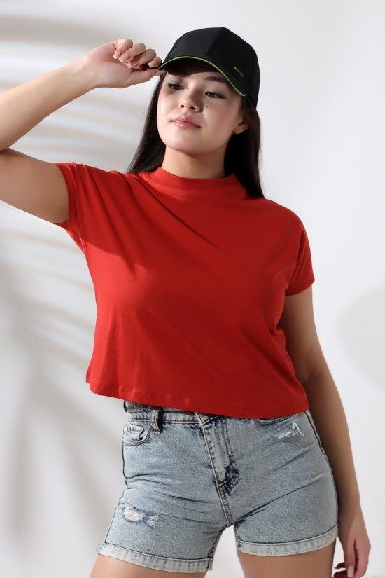 19588 BAYAN DİK YAKA KISA KOLU BEDENDE PAMUKLU KISA TSHIRT