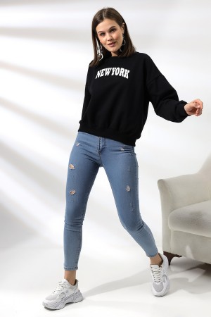 21497 NEWYORK BASK.ARKASIDA BASK. KADIN OVERSİZE  ŞARDONLU 2 İP SALAŞ GENİŞ SWETSHIRT