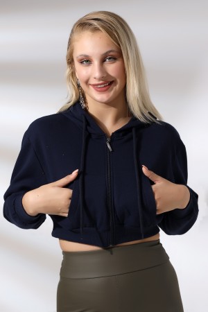 21390 KADIN ŞARD.2 İP KEMİK FERMUARLI KAPŞONLU GENİŞ SALAŞ KISA MONT  SWETSHIRT