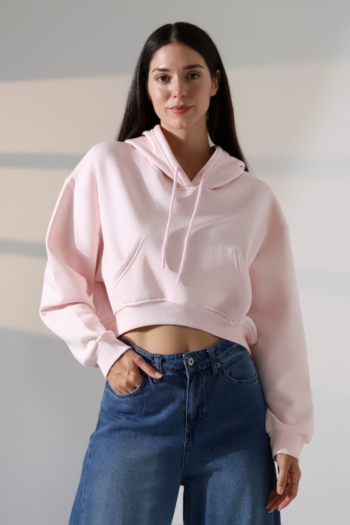 21968 KADIN 3 İP PENYE KOMPAKT ŞARDONLU SALAŞ ÖN ETEĞİ İÇE DOĞRU OVAL KAPŞONLU KANGURU CEPLİ SWEATSHIRT