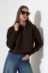 21967 KADIN 3 İP DİKYAKA KAMYON YARIM FERMUAR ETEK KAŞGORSESİ YIRTMAÇLI GENİŞ SWETSHIRT