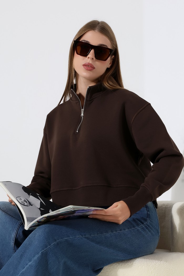 21967 KADIN 3 İP DİKYAKA KAMYON YARIM FERMUAR ETEK KAŞGORSESİ YIRTMAÇLI GENİŞ SWETSHIRT