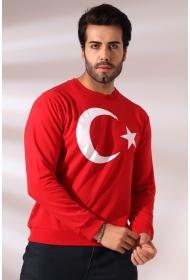 19156 TÜRK BAYRAK BASKILI BİSİKLET YAKA 2 İP ERKEK SWETSHİRT 