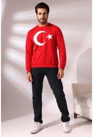 19156 TÜRK BAYRAK BASKILI BİSİKLET YAKA 2 İP ERKEK SWETSHİRT 