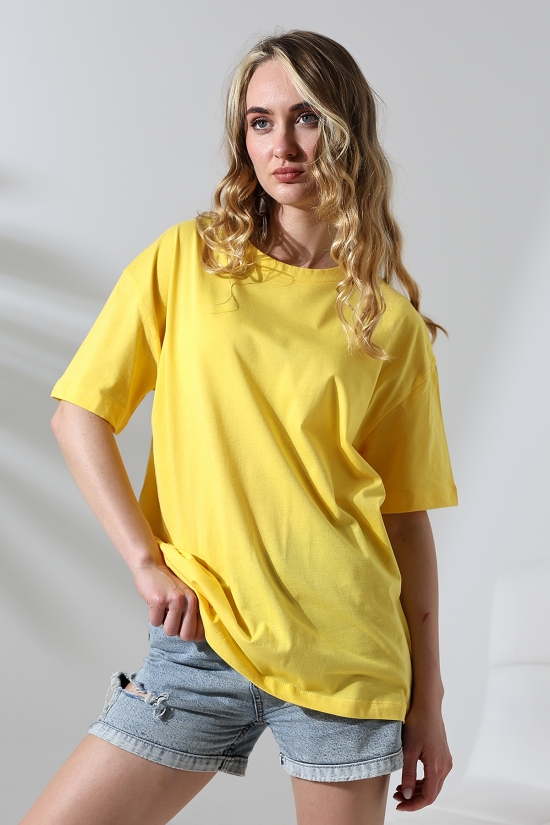 21752 KADIN OVERSİZE KOMPAKT PAMUKLU KISA KOL BİSİKLET TSHIRT