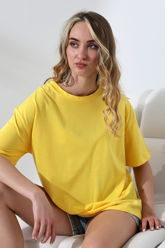 21752 KADIN OVERSİZE KOMPAKT PAMUKLU KISA KOL BİSİKLET TSHIRT