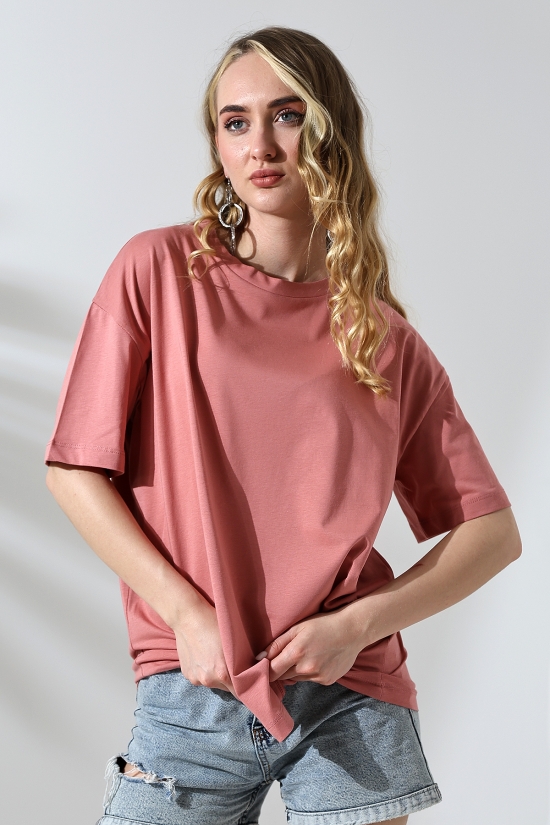 21752 KADIN OVERSİZE KOMPAKT PAMUKLU KISA KOL BİSİKLET TSHIRT