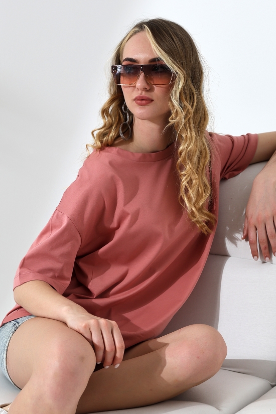 21752 KADIN OVERSİZE KOMPAKT PAMUKLU KISA KOL BİSİKLET TSHIRT