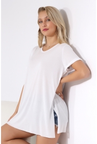 19598 KADIN KISA KOL KATLAMA. YANL YARI DİKİŞSİZ VE YIRTM.VSK BİSİKLET YAKA TUNİK TSHIRT