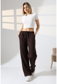 22182 KADIN DİAGONEL ŞARDONSUZ 3 İP PENYE KOMPAKT İNCE KEMERLASTİKLİ PALAZZO PAÇASI AÇIK EŞOFMAN PANTOLON 