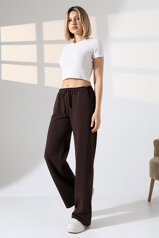 22182 KADIN DİAGONEL ŞARDONSUZ 3 İP PENYE KOMPAKT İNCE KEMERLASTİKLİ PALAZZO PAÇASI AÇIK EŞOFMAN PANTOLON 