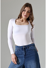 21940 KADIN FULL LYC MİKRO TULUM KARE YAKA UZUN KOL  ALTI KÜLOTLU VE ÇITÇITLI TSHIRT 