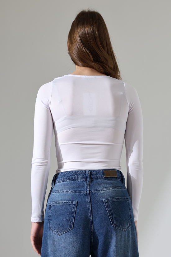 21940 KADIN FULL LYC MİKRO TULUM KARE YAKA UZUN KOL  ALTI KÜLOTLU VE ÇITÇITLI TSHIRT 