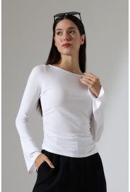 22157 KADIN KAYIK YAKA UZUN KOL UÇLARI İSPANYOL KOL  FULL LYC VİSKON YANLARI BÜZGÜLÜ BLUZ 