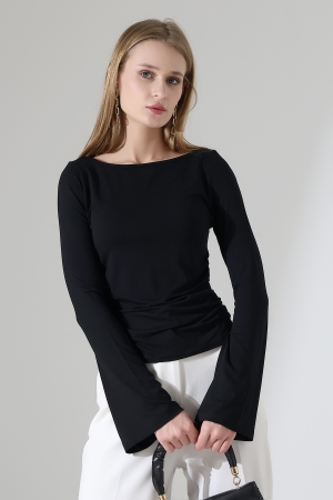 22157 KADIN KAYIK YAKA UZUN KOL UÇLARI İSPANYOL KOL  FULL LYC VİSKON YANLARI BÜZGÜLÜ BLUZ 