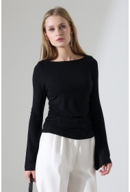 22157 KADIN KAYIK YAKA UZUN KOL UÇLARI İSPANYOL KOL  FULL LYC VİSKON YANLARI BÜZGÜLÜ BLUZ 