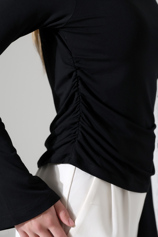 22157 KADIN KAYIK YAKA UZUN KOL UÇLARI İSPANYOL KOL  FULL LYC VİSKON YANLARI BÜZGÜLÜ BLUZ 