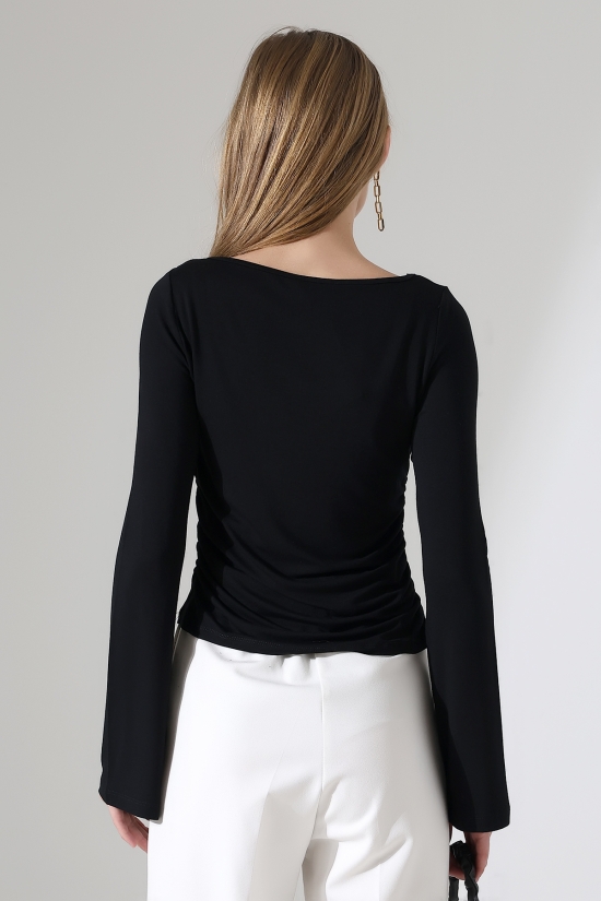 22157 KADIN KAYIK YAKA UZUN KOL UÇLARI İSPANYOL KOL  FULL LYC VİSKON YANLARI BÜZGÜLÜ BLUZ 