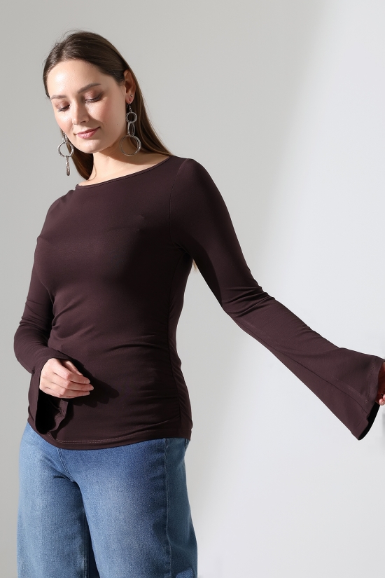 22157 KADIN KAYIK YAKA UZUN KOL UÇLARI İSPANYOL KOL  FULL LYC VİSKON YANLARI BÜZGÜLÜ BLUZ 