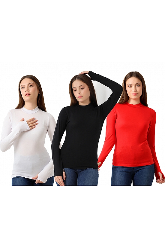 31756 - 3LÜ PAKET KADIN YARIM BALIKÇI UZUN KOLU PARMAK GEÇMELİ  BLUZ 