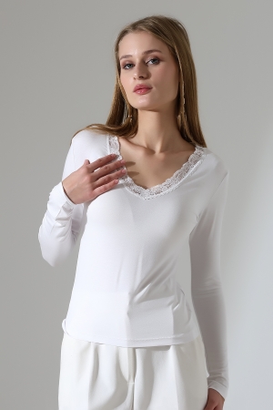 22144 KADIN V YAKASI DANTELLİ FULL LYC VORTVİSK UZUN KOL BLUZ 