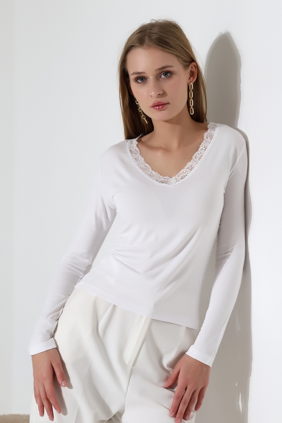 22144 KADIN V YAKASI DANTELLİ FULL LYC VORTVİSK UZUN KOL BLUZ 