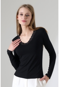 22144 KADIN V YAKASI DANTELLİ FULL LYC VORTVİSK UZUN KOL BLUZ 