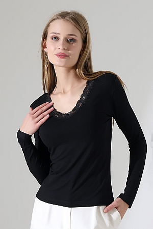 22144 KADIN V YAKASI DANTELLİ FULL LYC VORTVİSK UZUN KOL BLUZ 