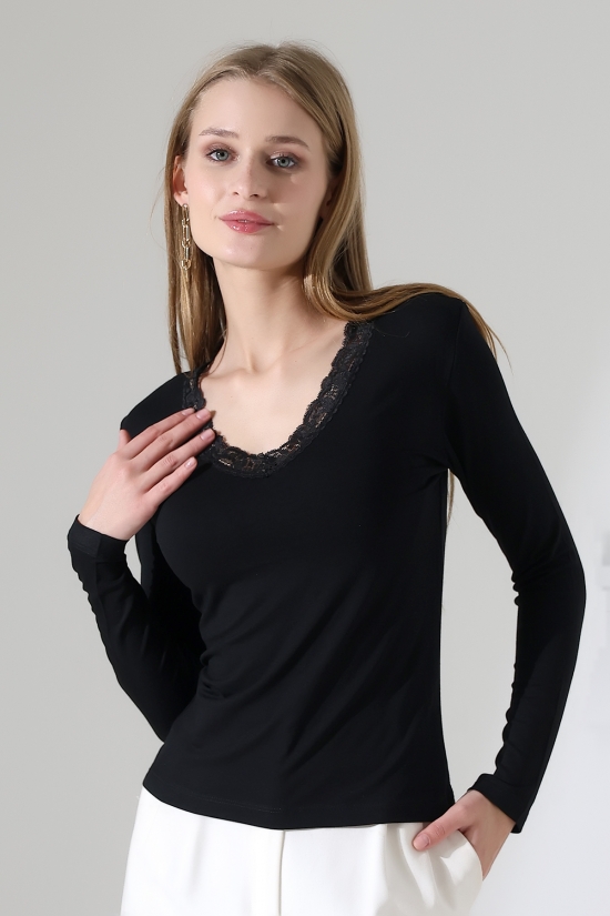 22144 KADIN V YAKASI DANTELLİ FULL LYC VORTVİSK UZUN KOL BLUZ 