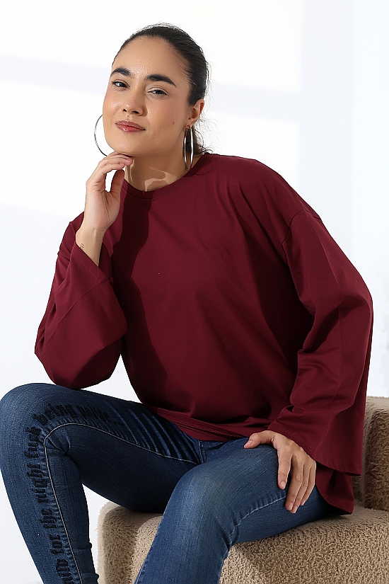 22139 KADIN UZUN KOLAĞZI GENİŞ SALAŞ OVERSİZE PAMUKLU BLUZ 