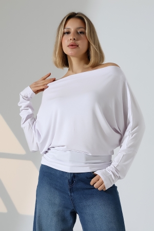 22153 KADIN OMUZ DÜŞÜMLU ASMTRK UZUN KOLU BEDENDE VE PARÇALI   BLUZ 