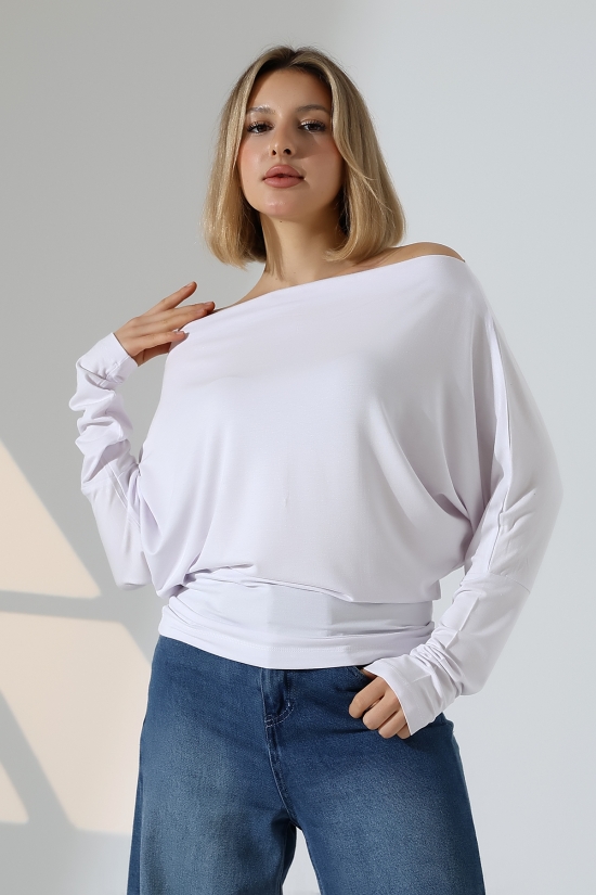 22153 KADIN OMUZ DÜŞÜMLU ASMTRK UZUN KOLU BEDENDE VE PARÇALI   BLUZ 