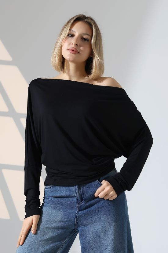 22153 KADIN OMUZ DÜŞÜMLU ASMTRK UZUN KOLU BEDENDE VE PARÇALI   BLUZ 